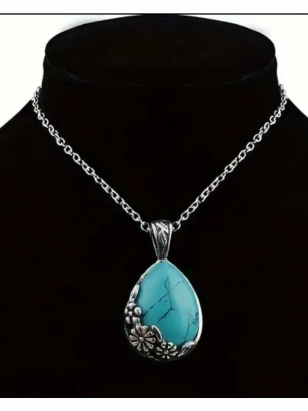 Turquoise Teardrop Pendant Necklace with Silver Floral Accents